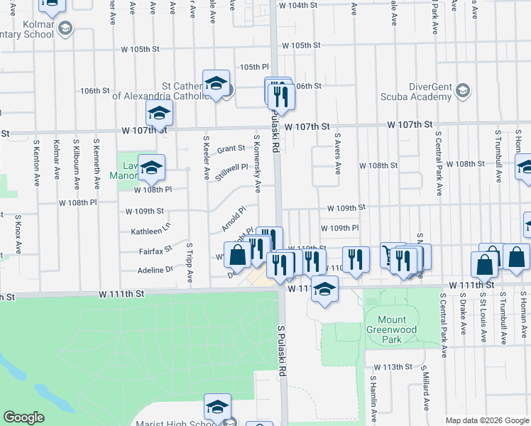 map of restaurants, bars, coffee shops, grocery stores, and more near 10925 South Komensky Avenue in Oak Lawn
