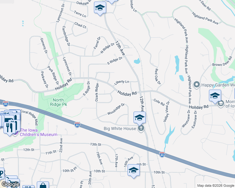 map of restaurants, bars, coffee shops, grocery stores, and more near 1373 Woolridge Drive in Coralville