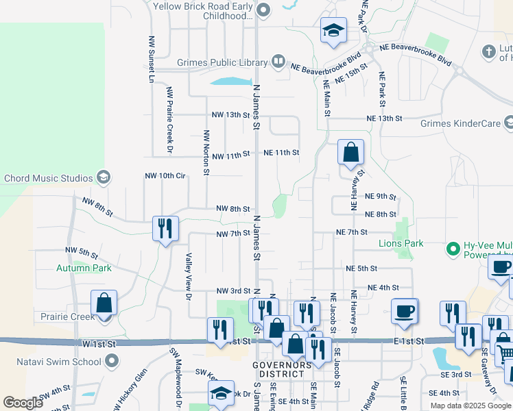 map of restaurants, bars, coffee shops, grocery stores, and more near 103 Northwest 7th Street in Grimes