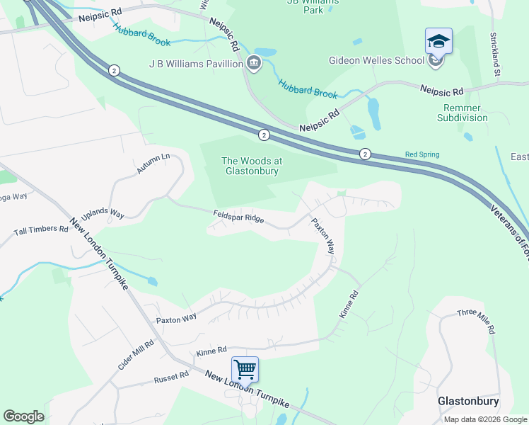 map of restaurants, bars, coffee shops, grocery stores, and more near 134 Feldspar Ridge in Glastonbury
