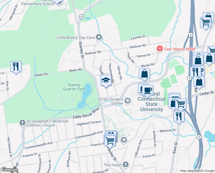 map of restaurants, bars, coffee shops, grocery stores, and more near 1735 Stanley Street in New Britain