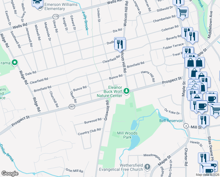 map of restaurants, bars, coffee shops, grocery stores, and more near 1024 Folly Brook Boulevard in Wethersfield