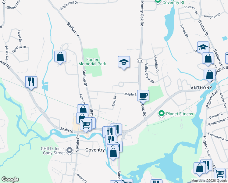 map of restaurants, bars, coffee shops, grocery stores, and more near 76 Maple Street in Coventry