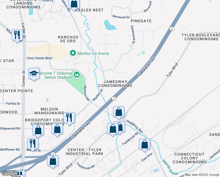 map of restaurants, bars, coffee shops, grocery stores, and more near 8740 Jamesway Court in Mentor