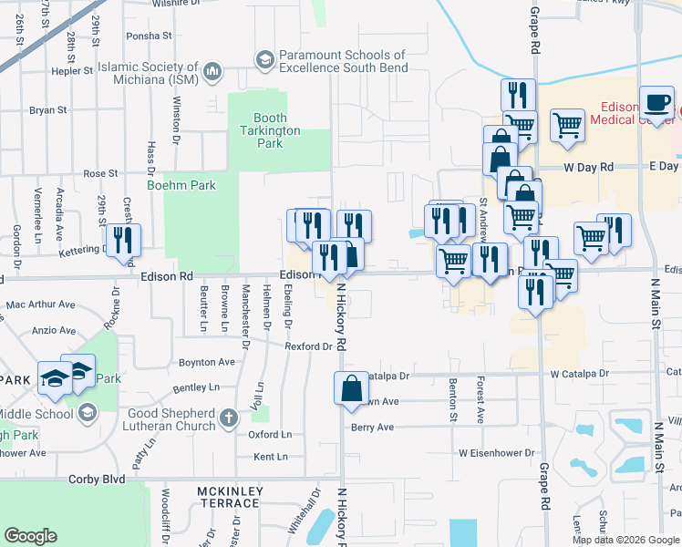 map of restaurants, bars, coffee shops, grocery stores, and more near Hickory Rd & W Edison Rd in South Bend