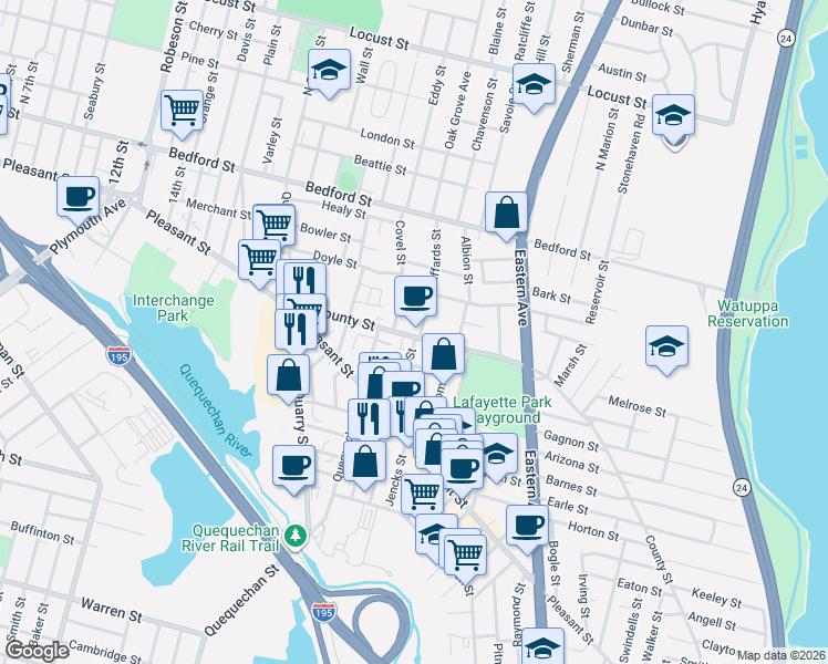 map of restaurants, bars, coffee shops, grocery stores, and more near 290 County Street in Fall River