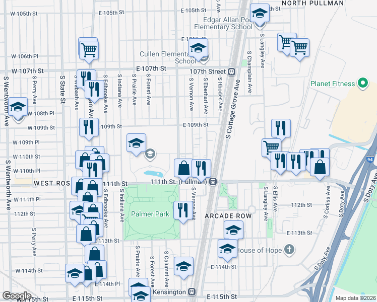 map of restaurants, bars, coffee shops, grocery stores, and more near 11017 South Vernon Avenue in Chicago