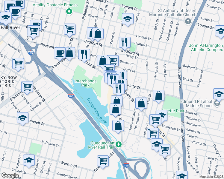 map of restaurants, bars, coffee shops, grocery stores, and more near 879 Pleasant Street in Fall River