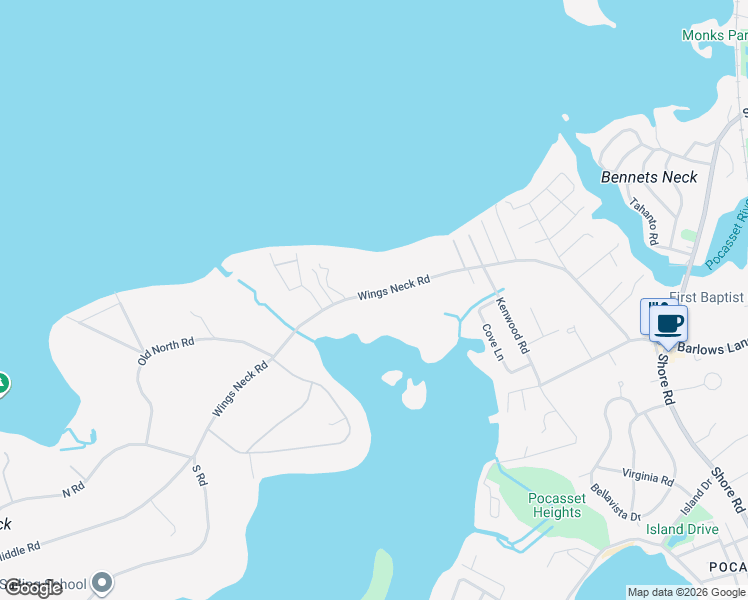 map of restaurants, bars, coffee shops, grocery stores, and more near 155 Wings Neck Road in Bourne