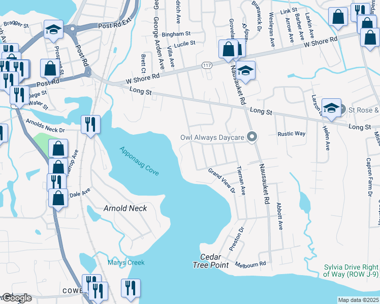 map of restaurants, bars, coffee shops, grocery stores, and more near 145 Oak Tree Avenue in Warwick