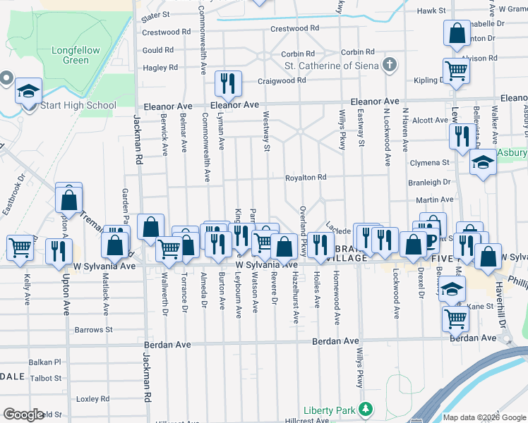 map of restaurants, bars, coffee shops, grocery stores, and more near 4208 Westway Street in Toledo