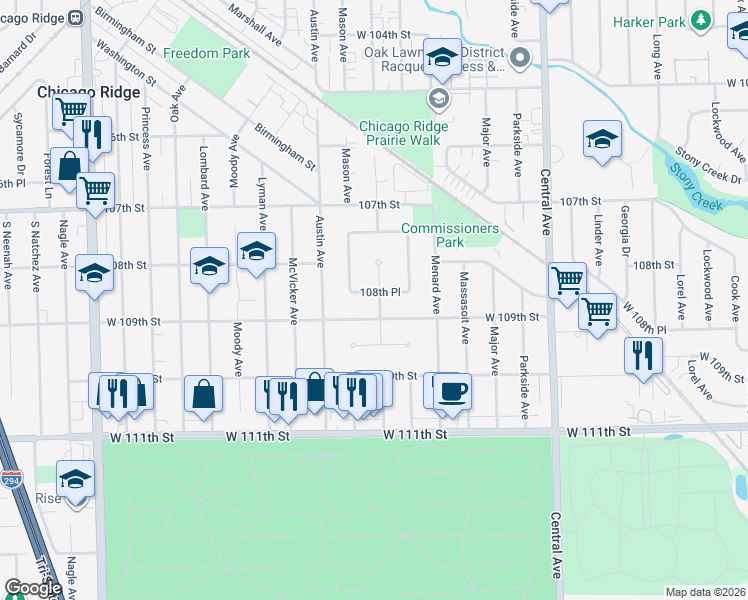 map of restaurants, bars, coffee shops, grocery stores, and more near 10823 Mayfield Avenue in Chicago Ridge