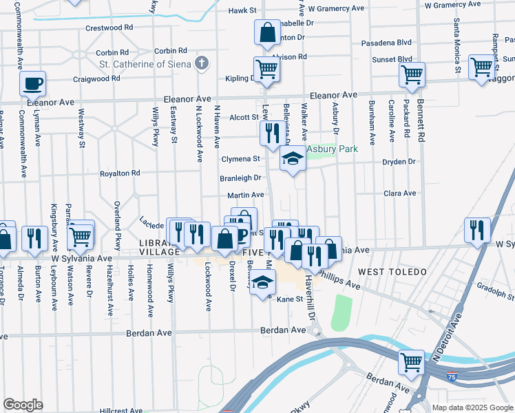 map of restaurants, bars, coffee shops, grocery stores, and more near 4142 Thornton Avenue in Toledo