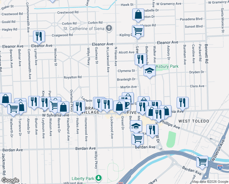 map of restaurants, bars, coffee shops, grocery stores, and more near 4210 North Lockwood Avenue in Toledo