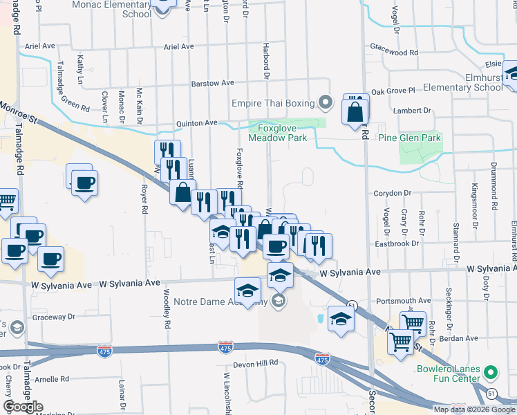 map of restaurants, bars, coffee shops, grocery stores, and more near 4235 Willis Boulevard in Toledo