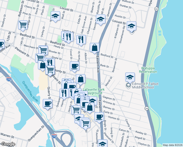 map of restaurants, bars, coffee shops, grocery stores, and more near 169 Downing Street in Fall River