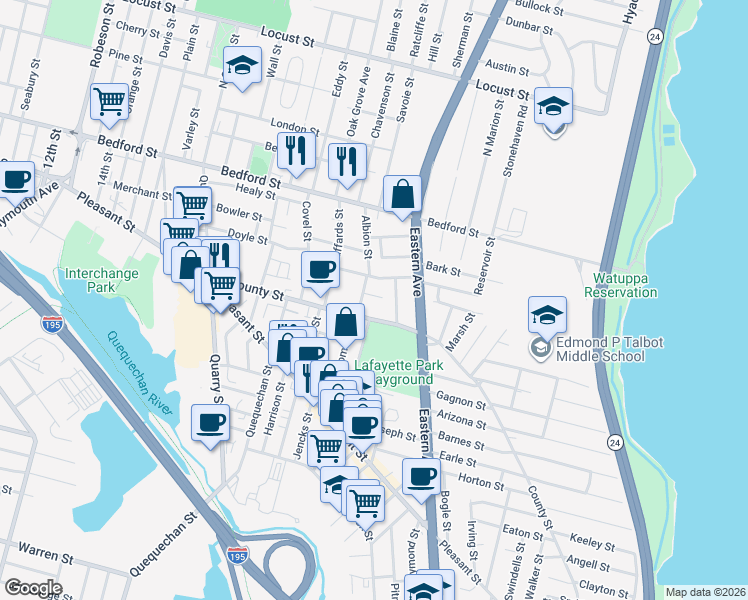 map of restaurants, bars, coffee shops, grocery stores, and more near 168 Albion Street in Fall River