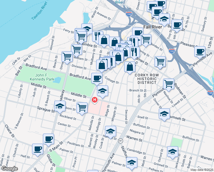 map of restaurants, bars, coffee shops, grocery stores, and more near 76 Cottage Street in Fall River