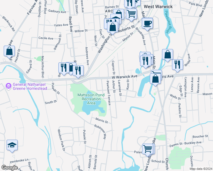 map of restaurants, bars, coffee shops, grocery stores, and more near 39 West Warwick Avenue in West Warwick