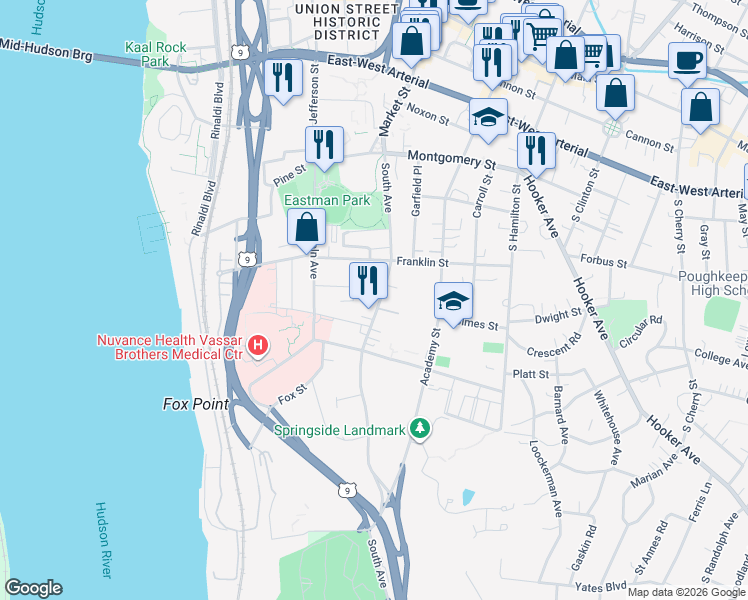 map of restaurants, bars, coffee shops, grocery stores, and more near 22 Dean Place in Poughkeepsie