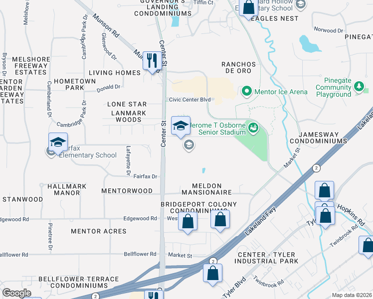 map of restaurants, bars, coffee shops, grocery stores, and more near 6477 Center Street in Mentor