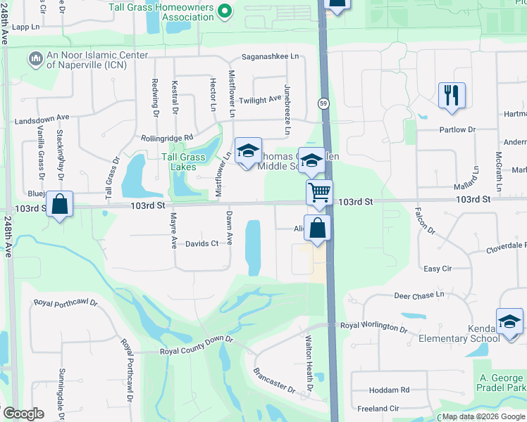 map of restaurants, bars, coffee shops, grocery stores, and more near 24133 103rd Street in Naperville