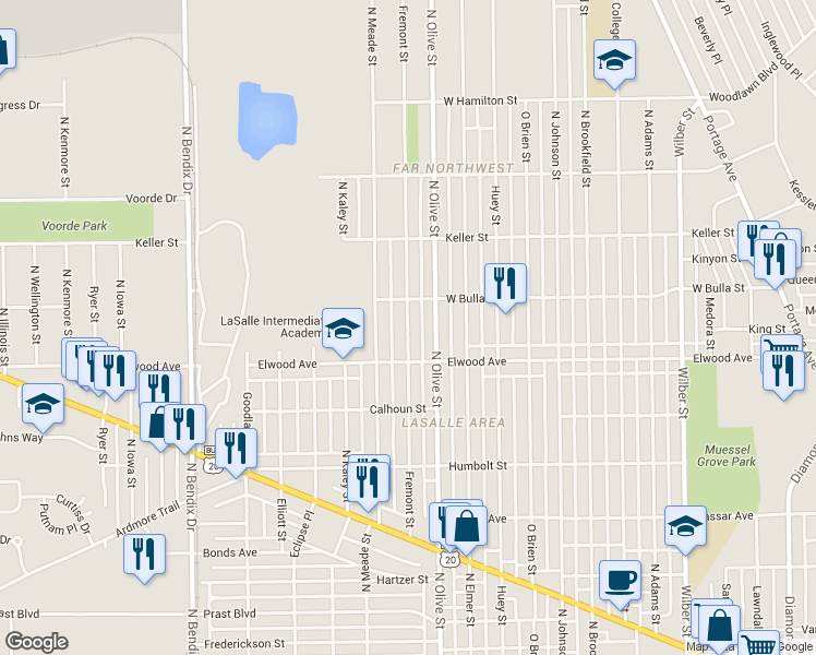 map of restaurants, bars, coffee shops, grocery stores, and more near 1510 Fremont Street in South Bend