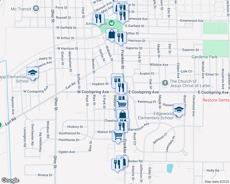 map of restaurants, bars, coffee shops, grocery stores, and more near 3000 Wabash Street in Michigan City