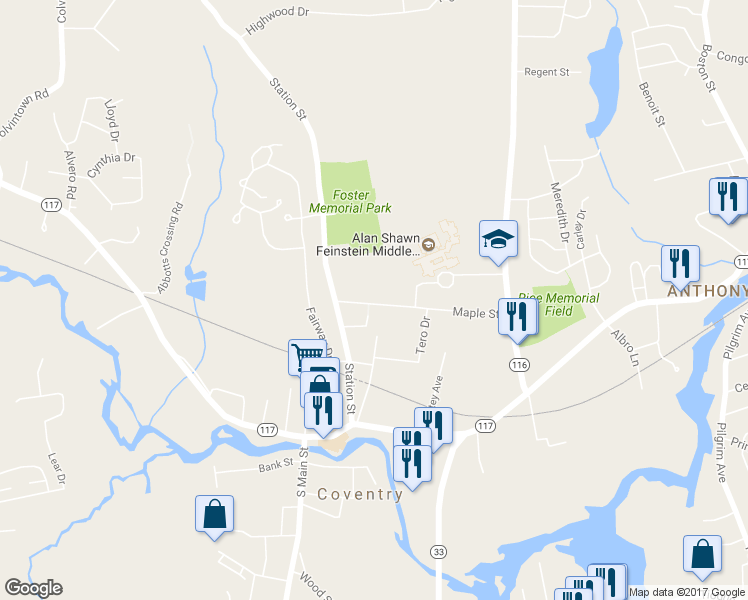 map of restaurants, bars, coffee shops, grocery stores, and more near 34 Maple Street in Coventry