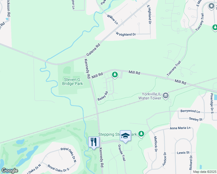 map of restaurants, bars, coffee shops, grocery stores, and more near 3832 Bailey Road in Yorkville