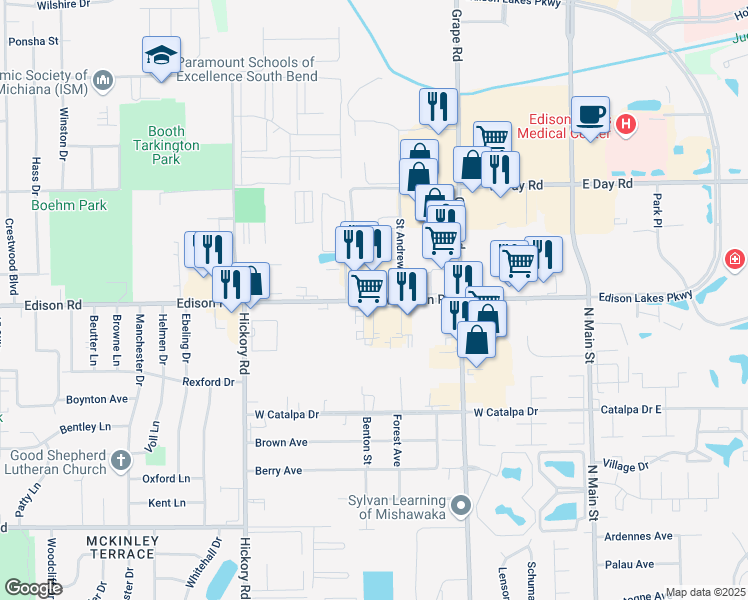 map of restaurants, bars, coffee shops, grocery stores, and more near 620 West Edison Road in Mishawaka