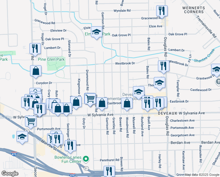 map of restaurants, bars, coffee shops, grocery stores, and more near 4155 Grantley Road in Toledo