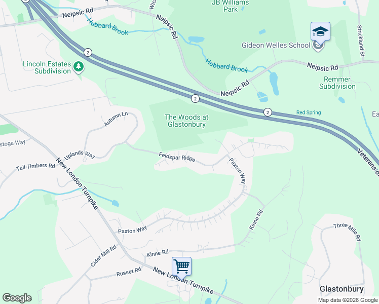 map of restaurants, bars, coffee shops, grocery stores, and more near 123 Feldspar Ridge in Glastonbury