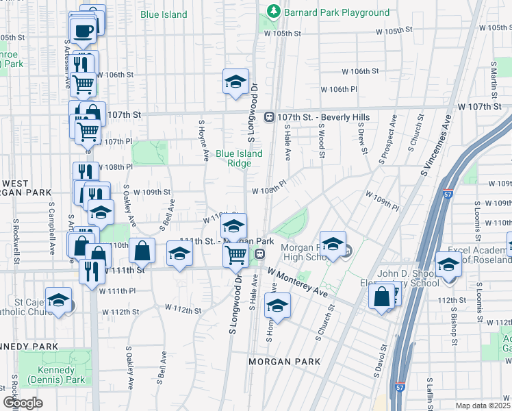 map of restaurants, bars, coffee shops, grocery stores, and more near 10921 South Longwood Drive in Chicago
