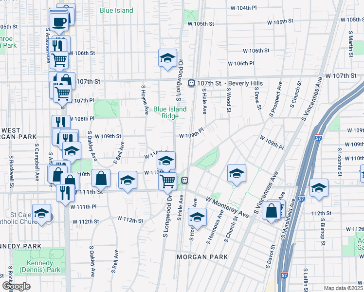 map of restaurants, bars, coffee shops, grocery stores, and more near 1914 West 108th Place in Chicago