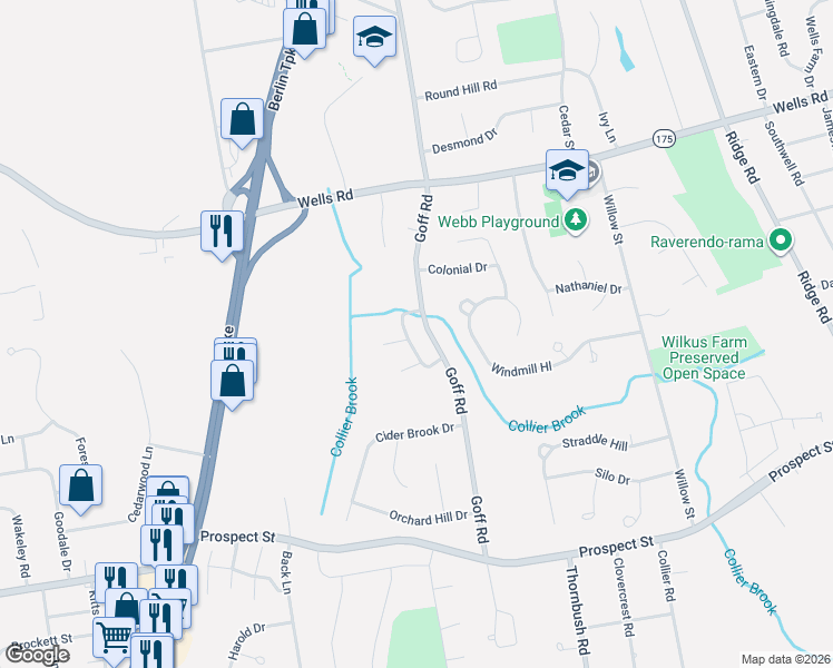 map of restaurants, bars, coffee shops, grocery stores, and more near 449 Goff Road in Wethersfield