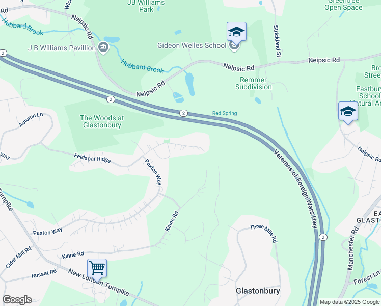 map of restaurants, bars, coffee shops, grocery stores, and more near 295 Feldspar Ridge in Glastonbury