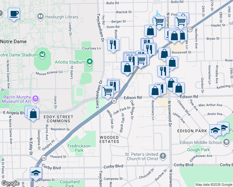 map of restaurants, bars, coffee shops, grocery stores, and more near 1707 South Bend Avenue in South Bend