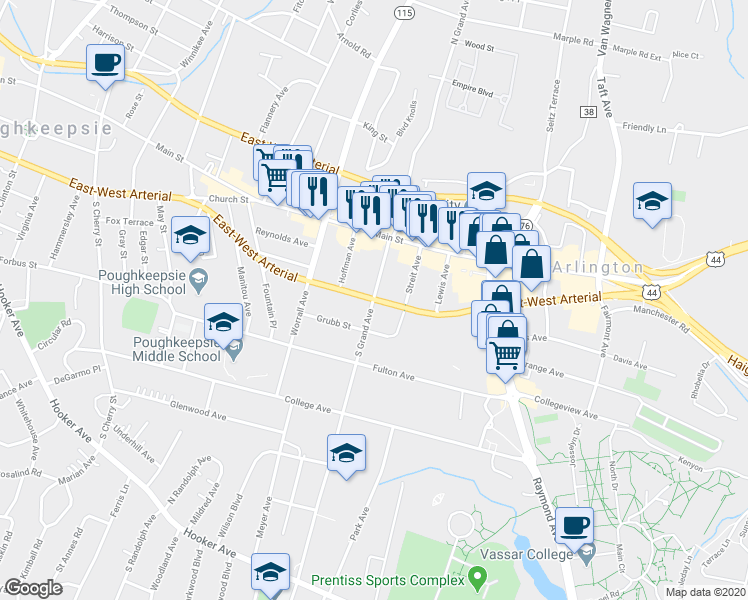 map of restaurants, bars, coffee shops, grocery stores, and more near 28 South Grand Avenue in Poughkeepsie
