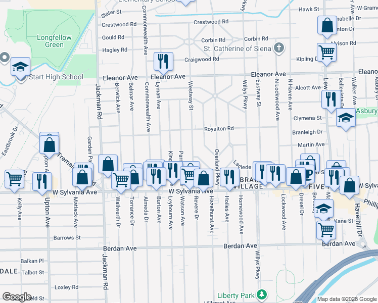 map of restaurants, bars, coffee shops, grocery stores, and more near 4208 Westway Street in Toledo