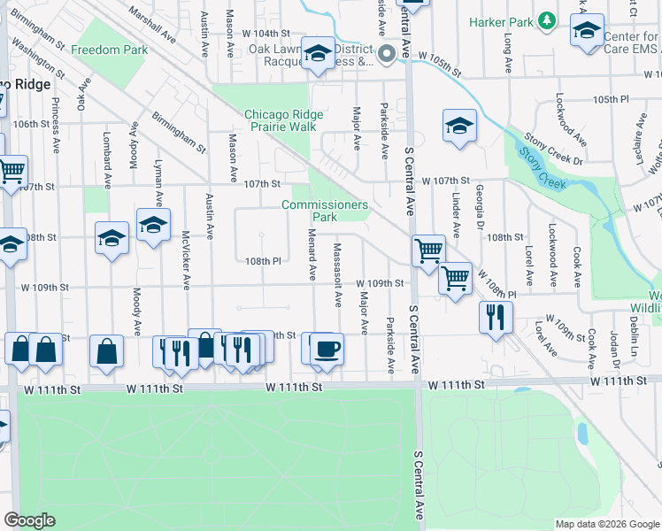 map of restaurants, bars, coffee shops, grocery stores, and more near 10806 Massasoit Avenue in Chicago Ridge