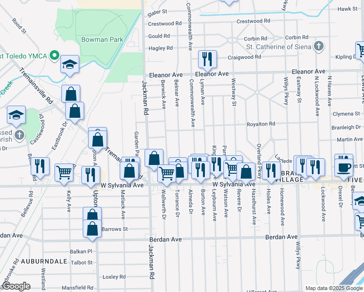 map of restaurants, bars, coffee shops, grocery stores, and more near 4148 Belmar Avenue in Toledo