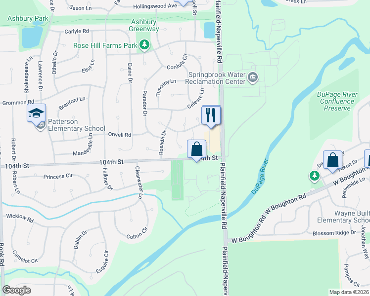 map of restaurants, bars, coffee shops, grocery stores, and more near 3916 Vesper Court in Naperville