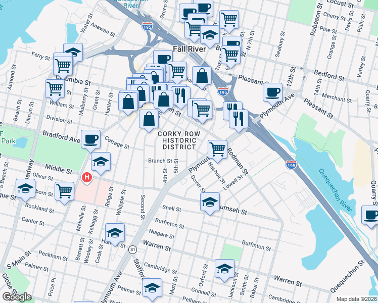 map of restaurants, bars, coffee shops, grocery stores, and more near 270 Morgan Street in Fall River