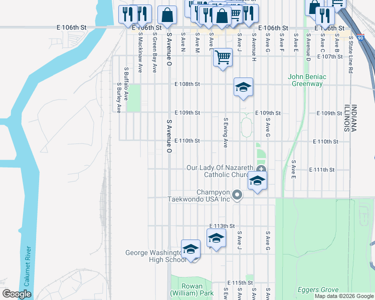 map of restaurants, bars, coffee shops, grocery stores, and more near 10959 South Avenue North in Chicago