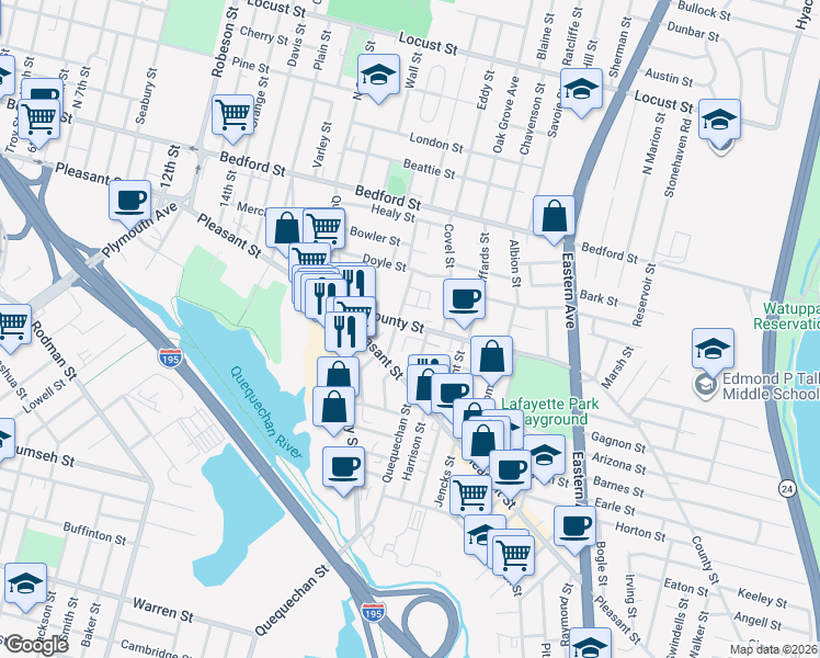 map of restaurants, bars, coffee shops, grocery stores, and more near 142 County Street in Fall River