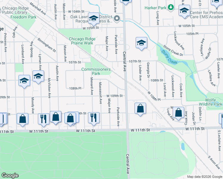 map of restaurants, bars, coffee shops, grocery stores, and more near 10822 Major Avenue in Chicago Ridge