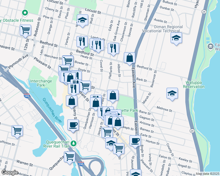map of restaurants, bars, coffee shops, grocery stores, and more near 184 Haffards Street in Fall River