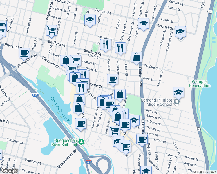 map of restaurants, bars, coffee shops, grocery stores, and more near 205 Covel Street in Fall River