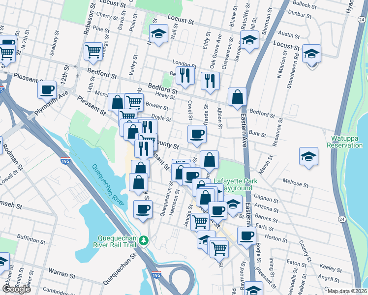 map of restaurants, bars, coffee shops, grocery stores, and more near 205 Covel Street in Fall River